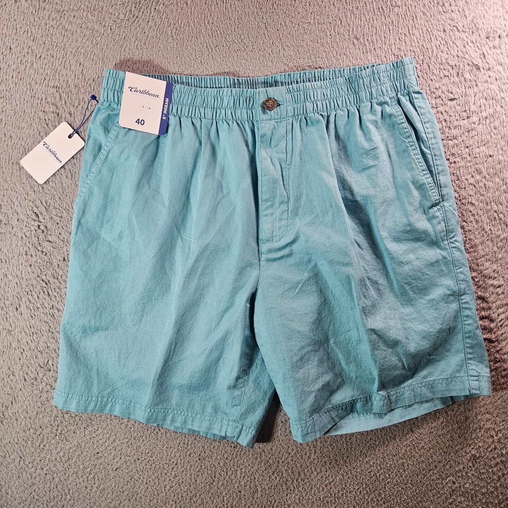 NWT Caribbean Roundtree & Yorke Shorts Men 40 x 8" Cotton Linen Blue / Green